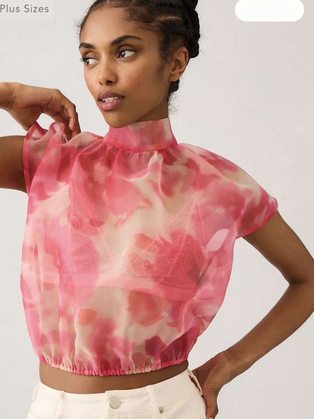 Anthropologie Pink Sheer Tie-Dye Mock Neck Crop Blouse